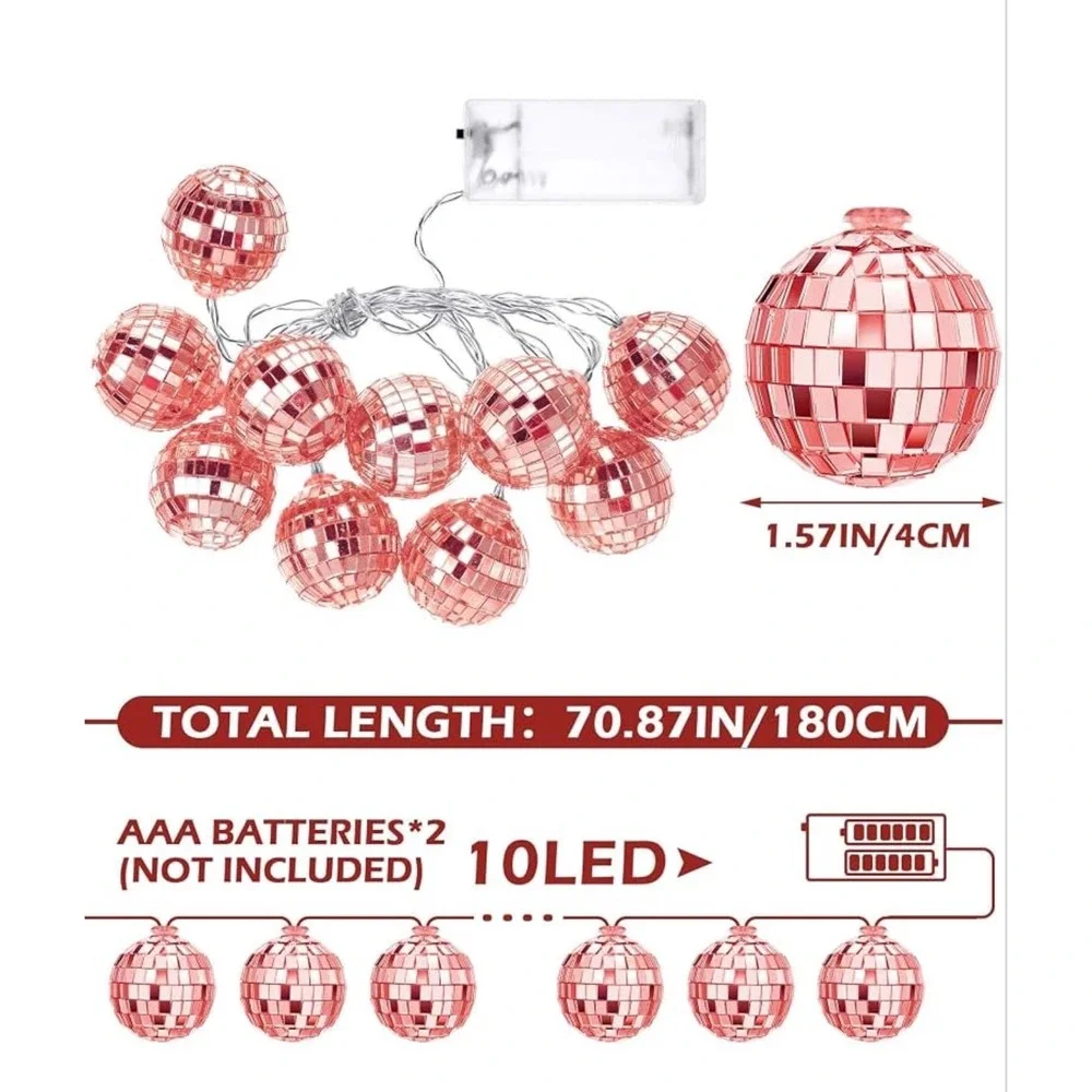 NWT LED Pink Disco Ball String Lights Battery Powered 70s Party Decor